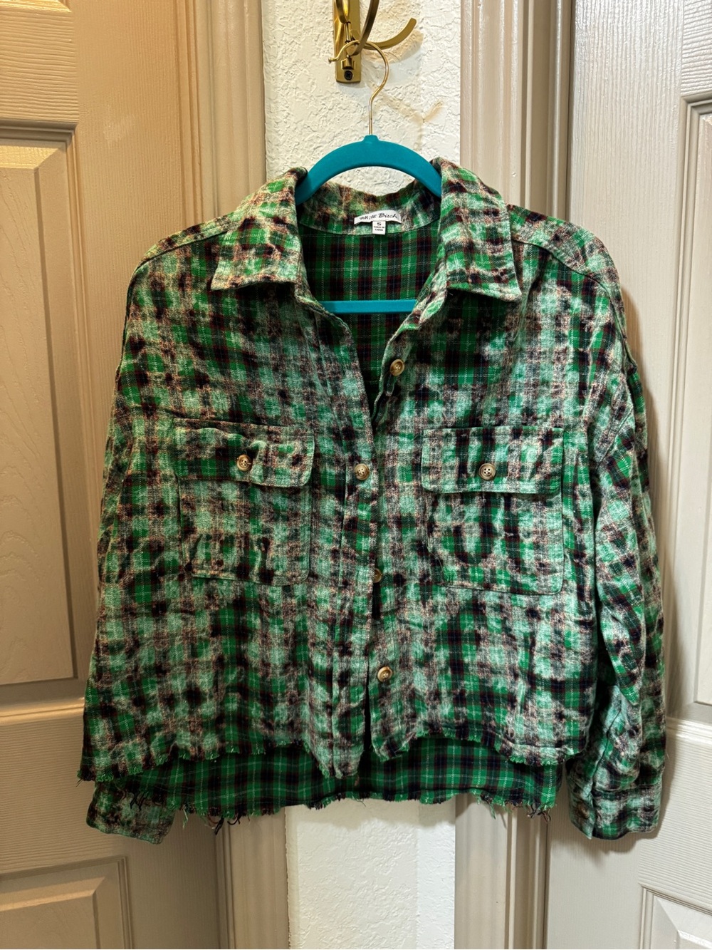 white birch Green Plaid Button-Up flannel shirt, distressed